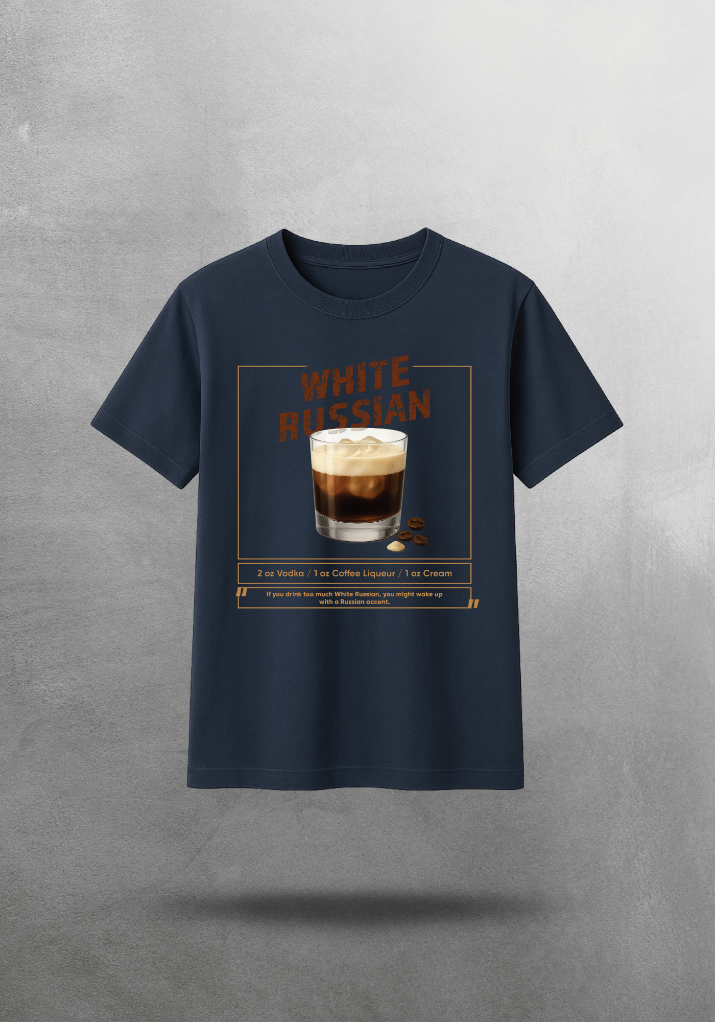 Kokteyl temalı unisex oversize tişört – White Russian Kokteyl, minimal, klasik kokteyl, gri, lacivert, haki