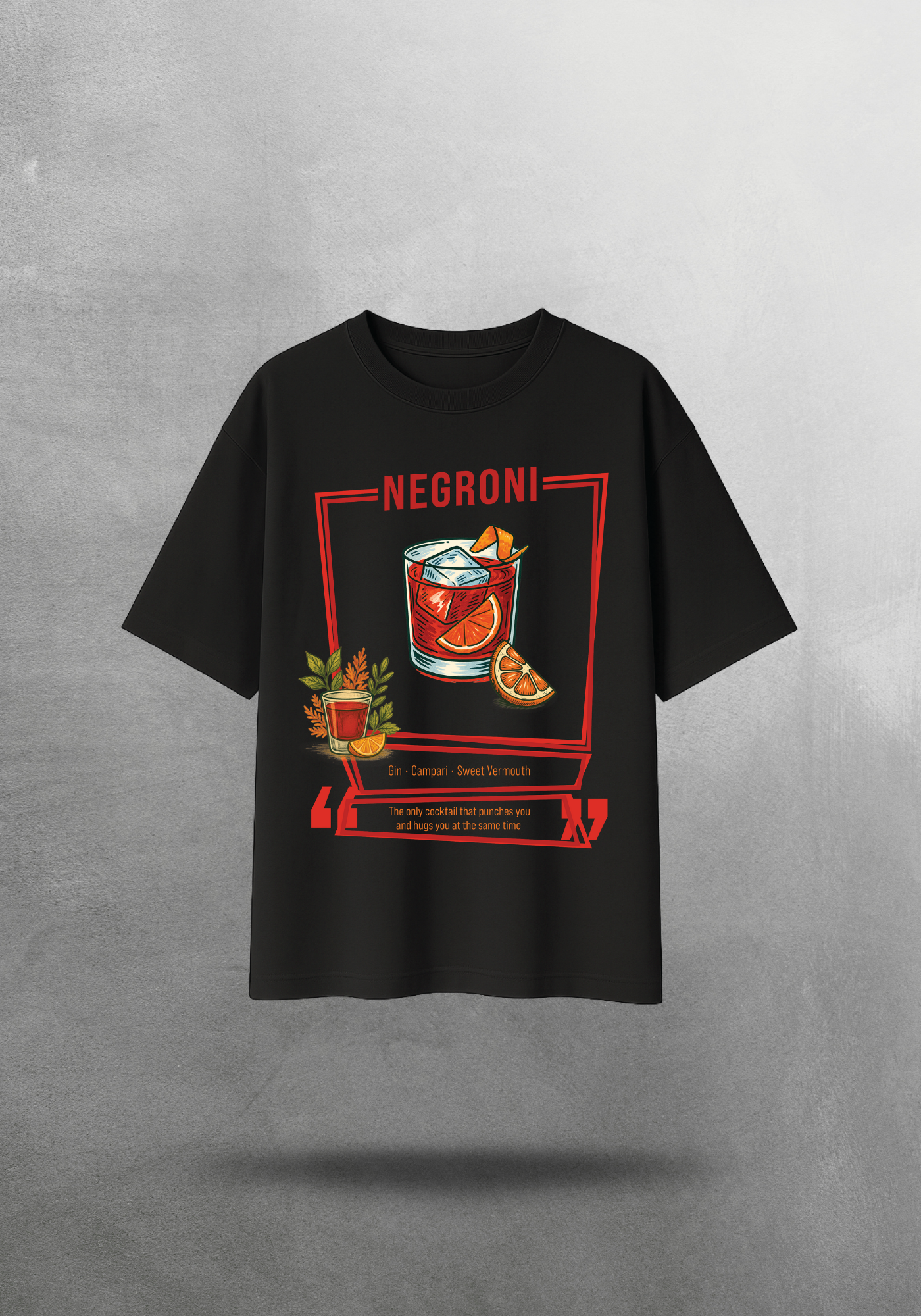 Kokteyl temalı unisex oversize tişört – Negroni Kokteyl, minimal, klasik kokteyl, siyah, bej, krem, açık gri, gri, yeşil, haki, bordo, relax