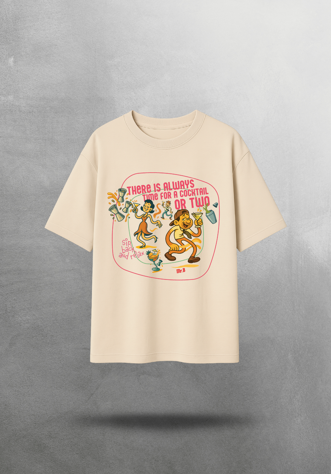 Kokteyl temalı unisex oversize tişört – Cocktail, Kokteyl, minimal, klasik kokteyl, siyah, bej, krem, relax