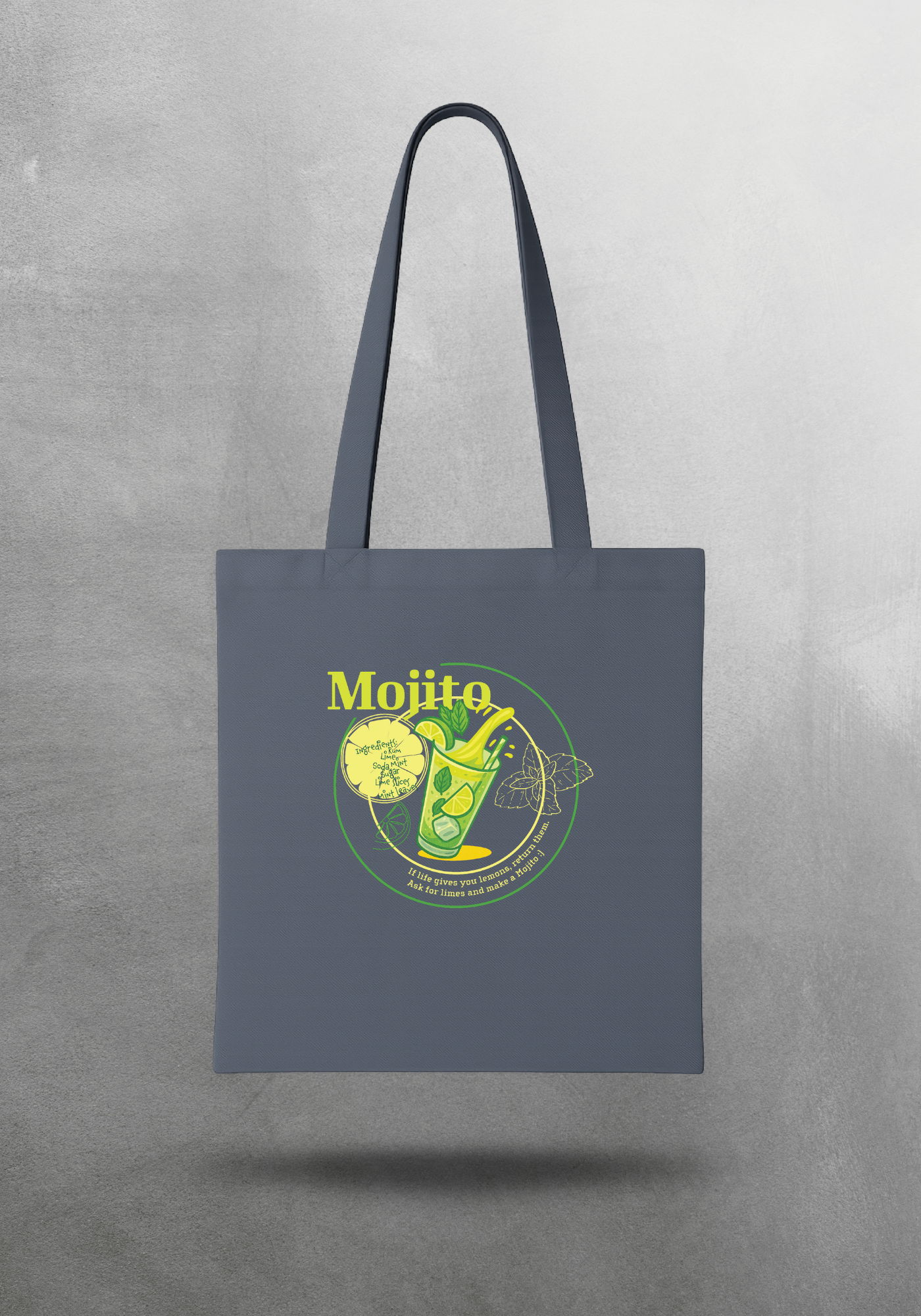 Kokteyl temalı unisex tote bag, çanta – Mojito Kokteyl, minimal, klasik kokteyl, siyah, bej, ham,krem, antrasit, gri, anchor, indigo, yeşil, haki, lila, mor, eflatun, kanvas, gabardin