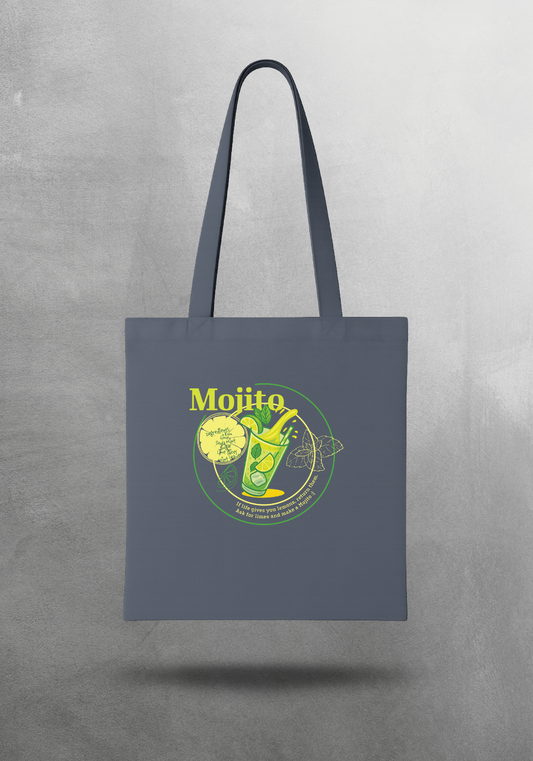 Kokteyl temalı unisex tote bag, çanta – Mojito Kokteyl, minimal, klasik kokteyl, siyah, bej, ham,krem, antrasit, gri, anchor, indigo, yeşil, haki, lila, mor, eflatun, kanvas, gabardin