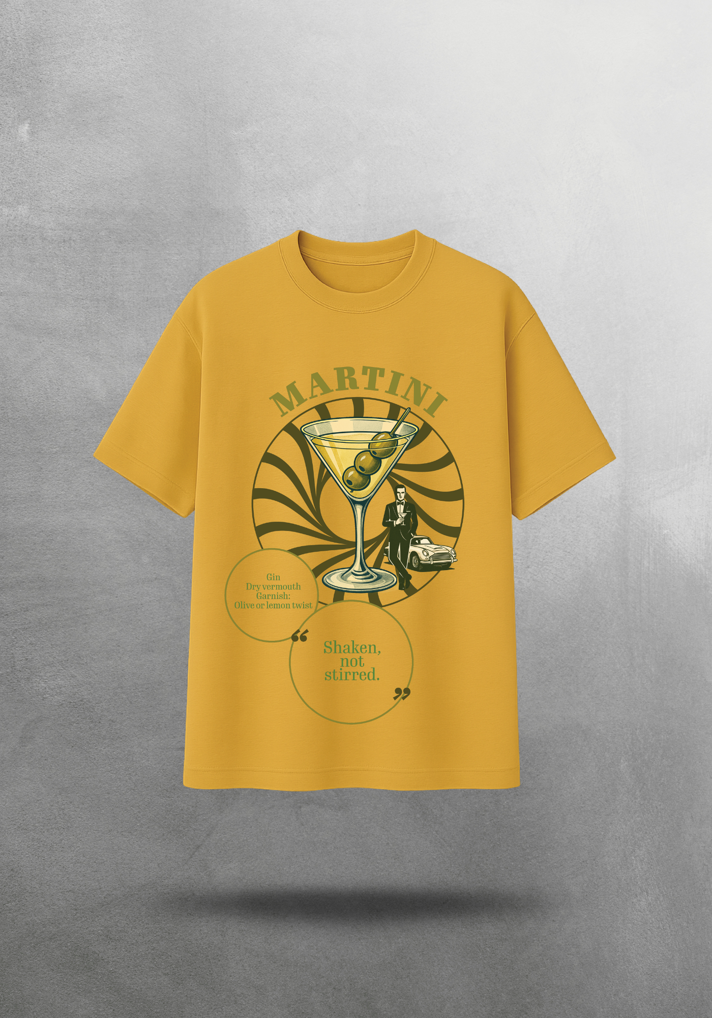 Kokteyl temalı unisex oversize tişört – Martini Kokteyl, minimal, klasik kokteyl, siyah, bej, krem, açık gri, gri, yeşil, haki, hardal, sarı, relax