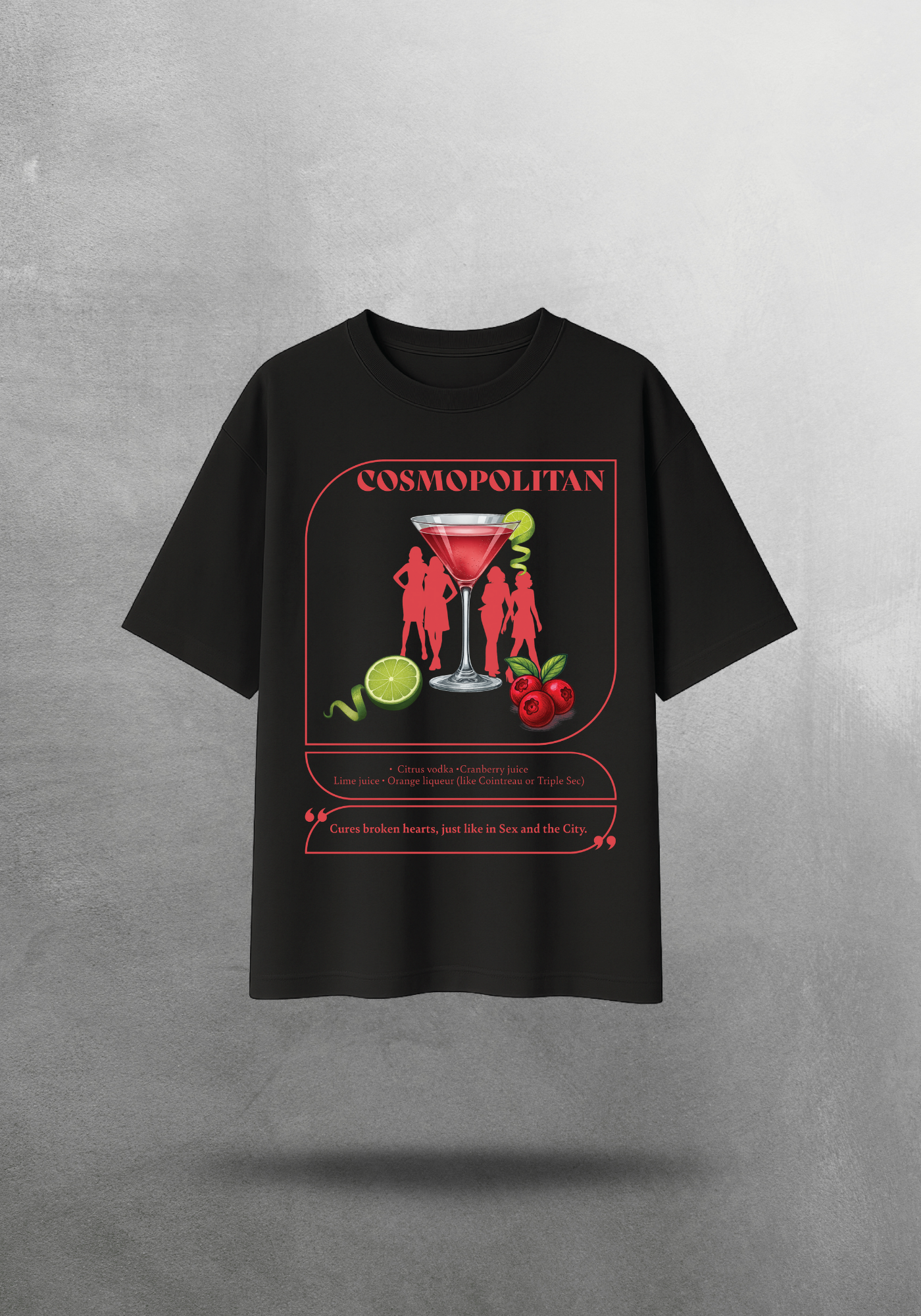 Kokteyl temalı unisex oversize tişört – Cosmopolitan Kokteyl, minimal, klasik kokteyl, siyah, bej, krem, gri, indigo, lacivert, hardal, sarı, relax