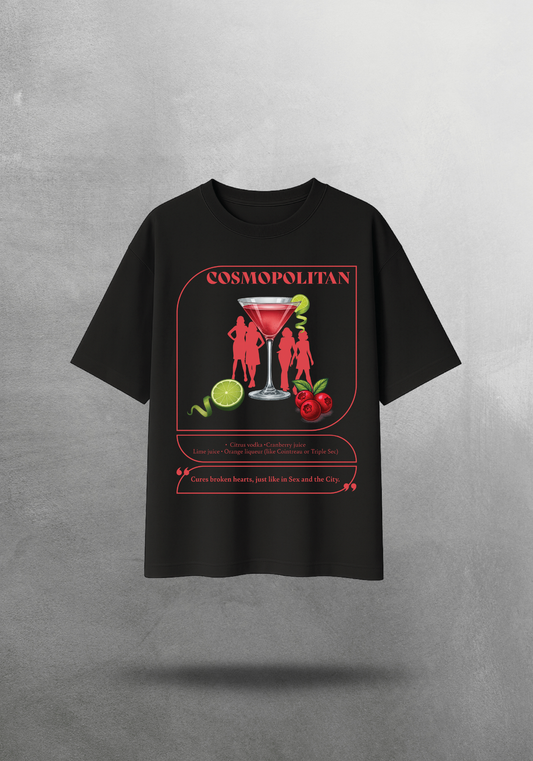 Kokteyl temalı unisex oversize tişört – Cosmopolitan Kokteyl, minimal, klasik kokteyl, siyah, bej, krem, gri, indigo, lacivert, hardal, sarı, relax