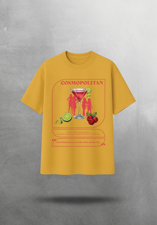 Kokteyl temalı unisex oversize tişört – Cosmopolitan Kokteyl, minimal, klasik kokteyl, siyah, bej, krem, gri, indigo, lacivert, hardal, sarı, relax
