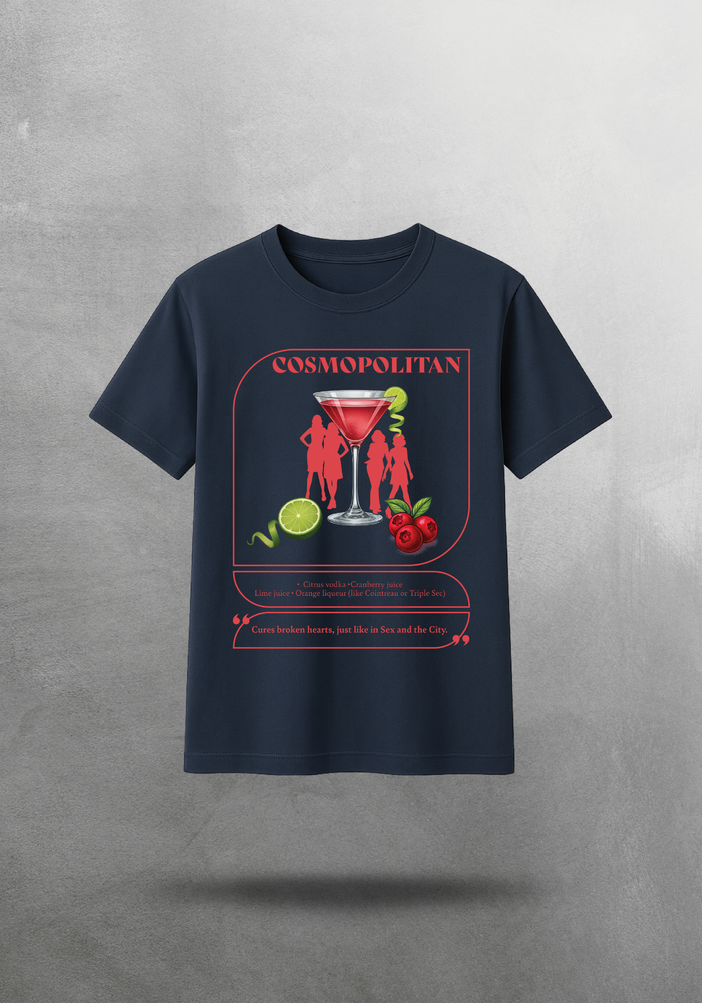 Kokteyl temalı unisex oversize tişört – Cosmopolitan Kokteyl, minimal, klasik kokteyl, siyah, bej, krem, gri, indigo, lacivert, hardal, sarı, relax