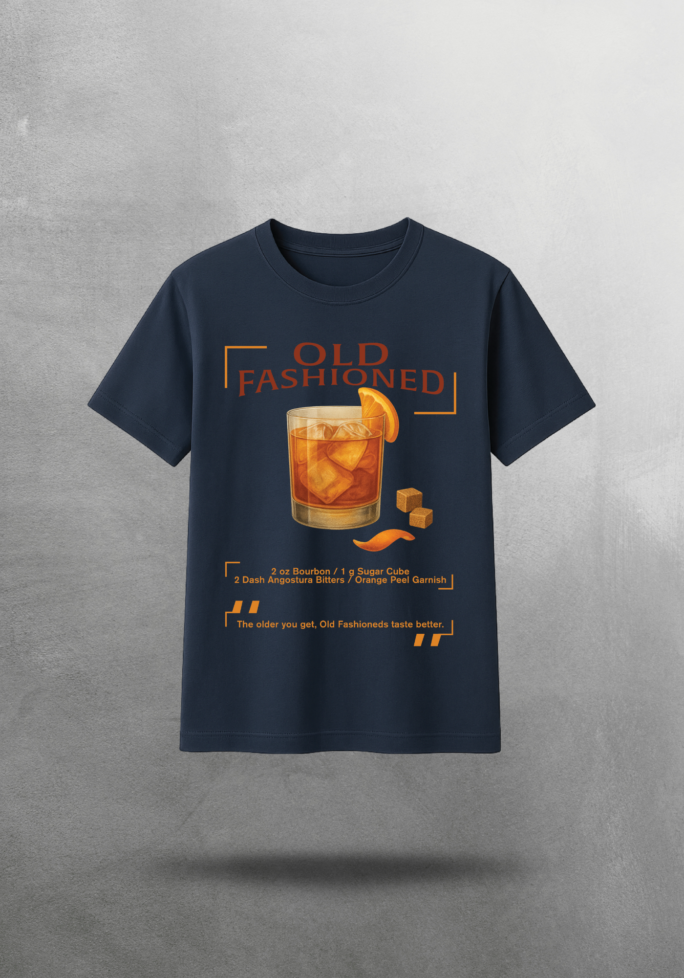 Kokteyl temalı unisex oversize tişört – Old Fashioned Kokteyl, klasik kokteyl, açık gri, gri, indigo, lacivert, yeşil, haki