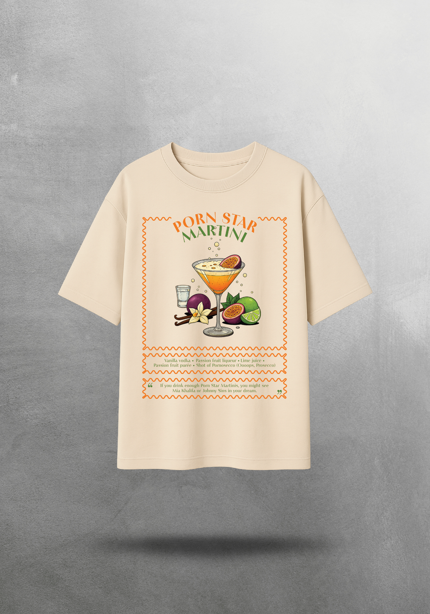 Kokteyl temalı unisex oversize tişört – Porn Star Martini Kokteyl, minimal, klasik kokteyl, siyah, relax, minimal