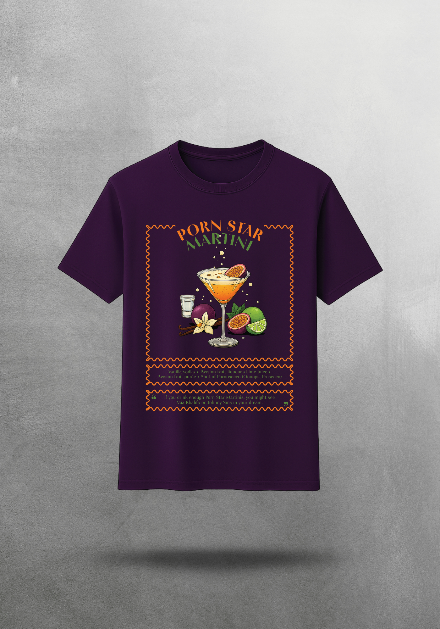Kokteyl temalı unisex oversize tişört – Porn Star Martini Kokteyl, minimal, klasik kokteyl, mor, relax
