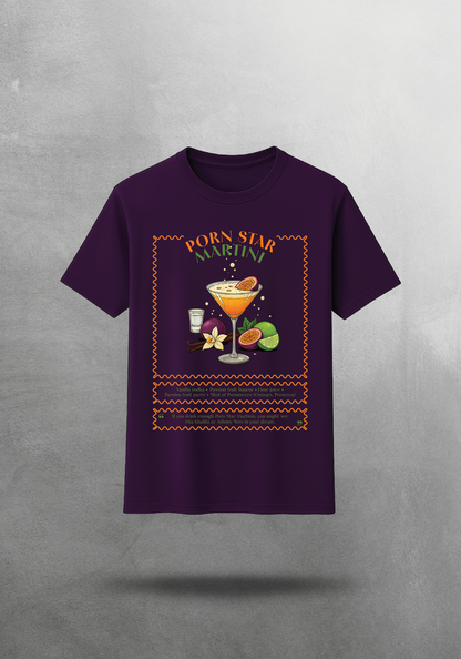 Kokteyl temalı unisex oversize tişört – Porn Star Martini Kokteyl, minimal, klasik kokteyl, mor, relax