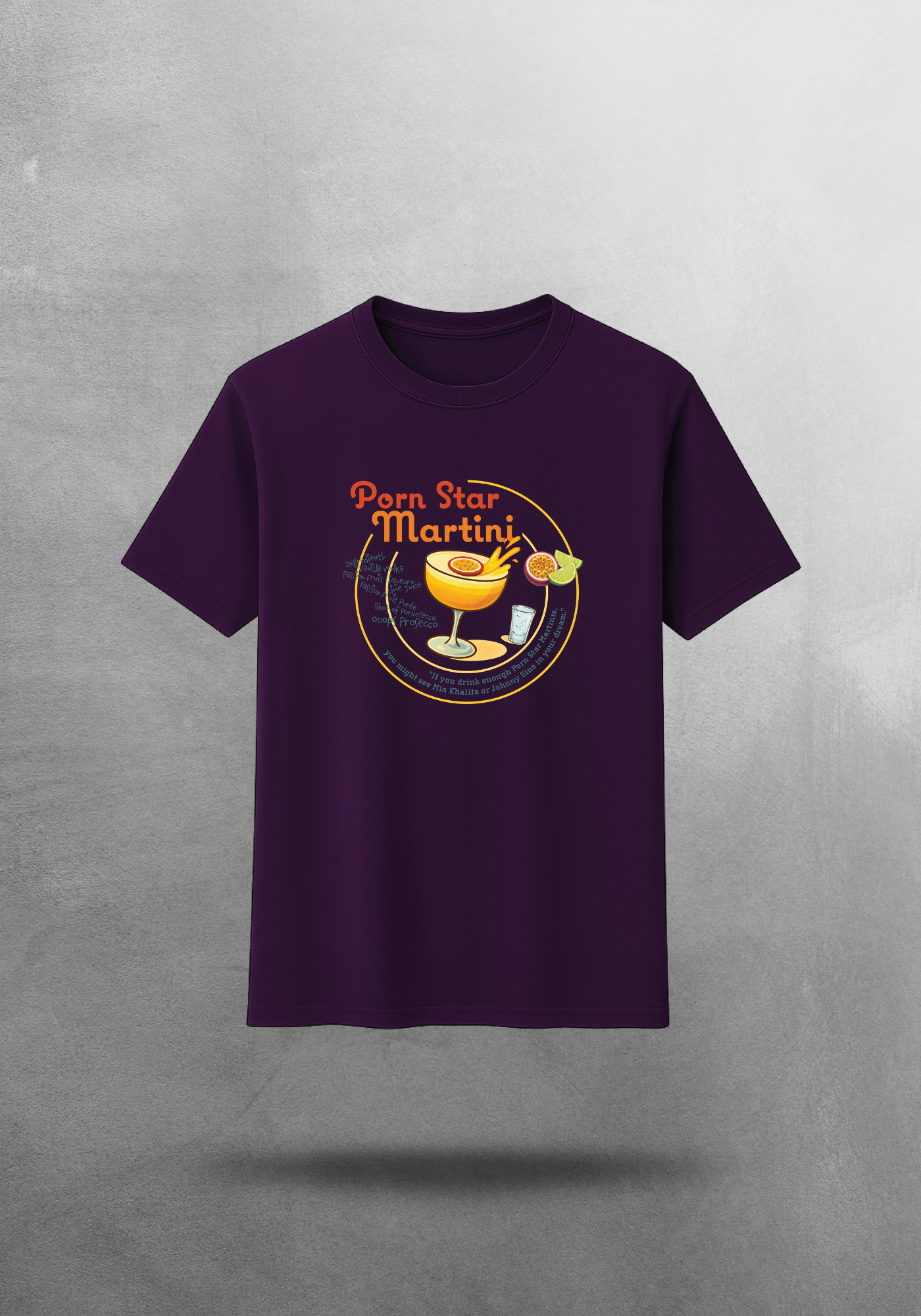 Kokteyl temalı unisex oversize tişört – Porn Star Martini Kokteyl, minimal, klasik kokteyl, mor, relax