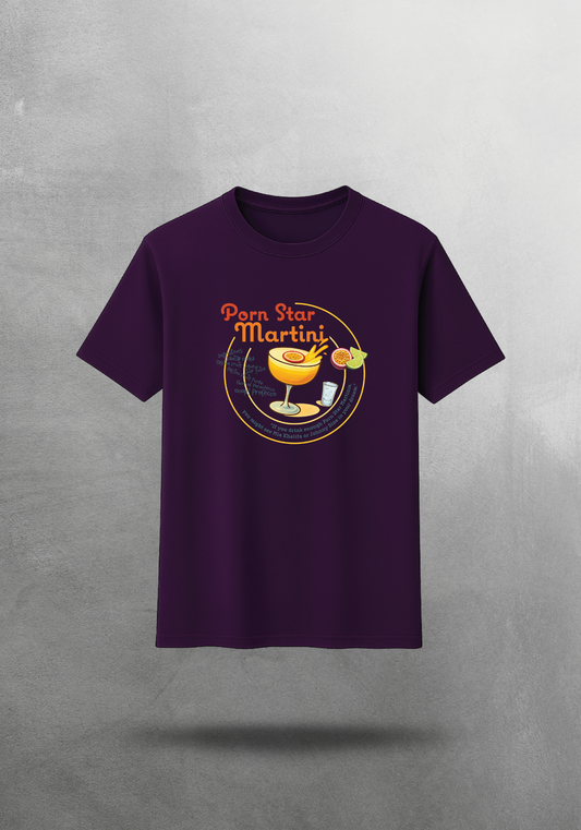 Kokteyl temalı unisex oversize tişört – Porn Star Martini Kokteyl, minimal, klasik kokteyl, mor, relax