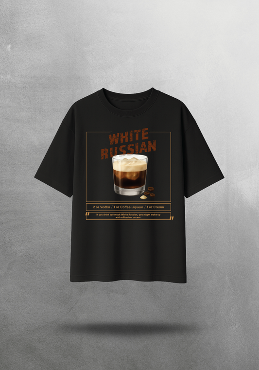 Kokteyl temalı unisex oversize tişört – White Russian Kokteyl, minimal, klasik kokteyl, siyah, relax, minimal