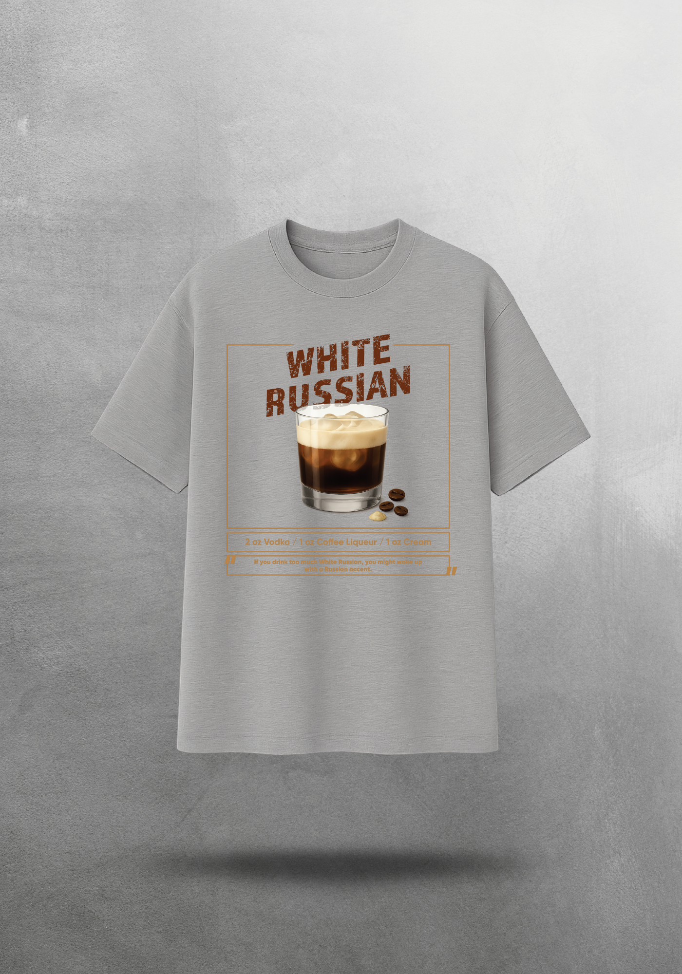 Kokteyl temalı unisex oversize tişört – White Russian Kokteyl, minimal, klasik kokteyl, gri, lacivert, haki