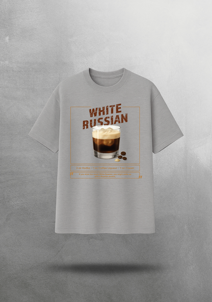 Kokteyl temalı unisex oversize tişört – White Russian Kokteyl, minimal, klasik kokteyl, gri, lacivert, haki