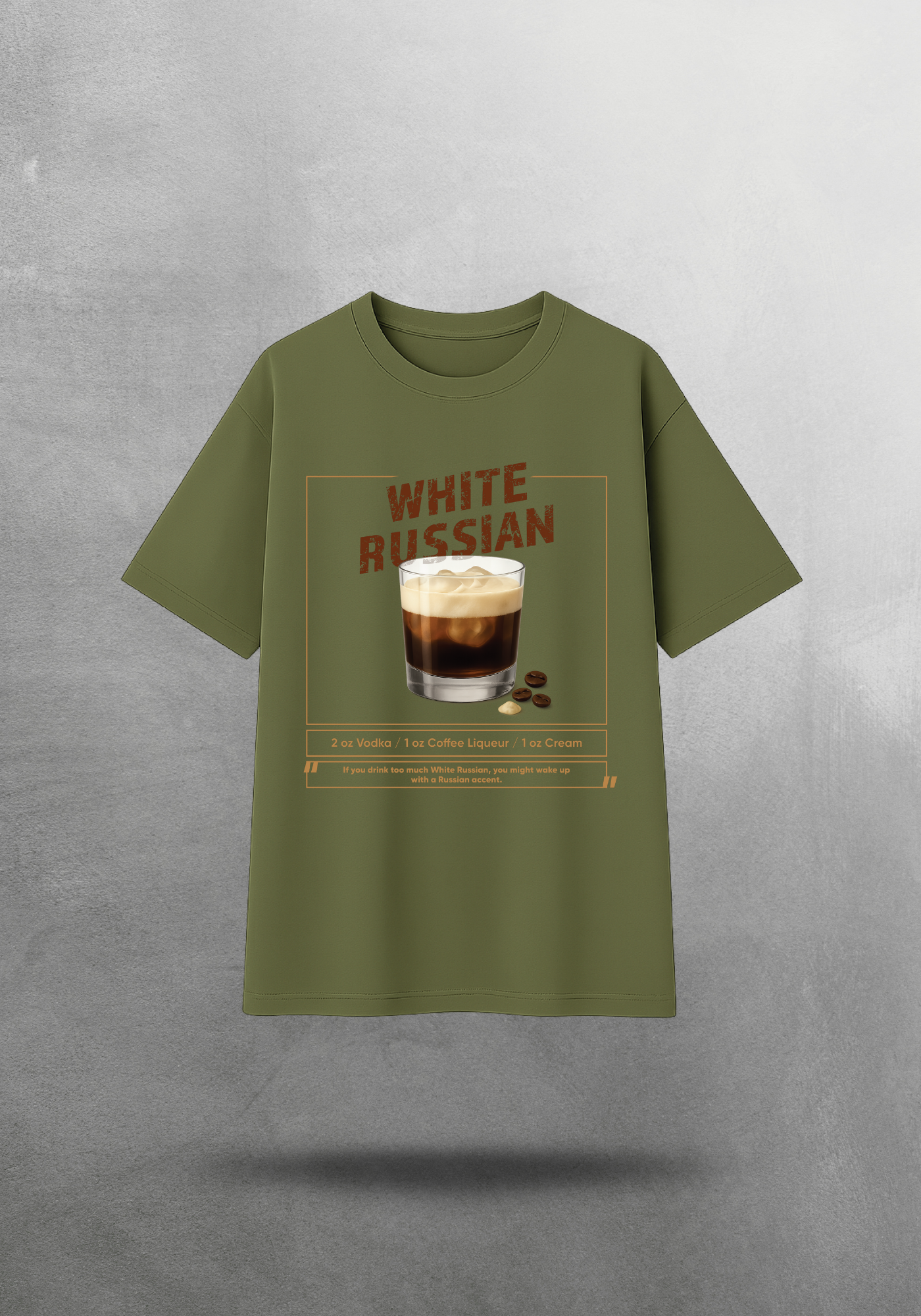 Kokteyl temalı unisex oversize tişört – White Russian Kokteyl, minimal, klasik kokteyl, gri, lacivert, haki