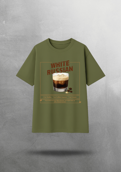 Kokteyl temalı unisex oversize tişört – White Russian Kokteyl, minimal, klasik kokteyl, gri, lacivert, haki