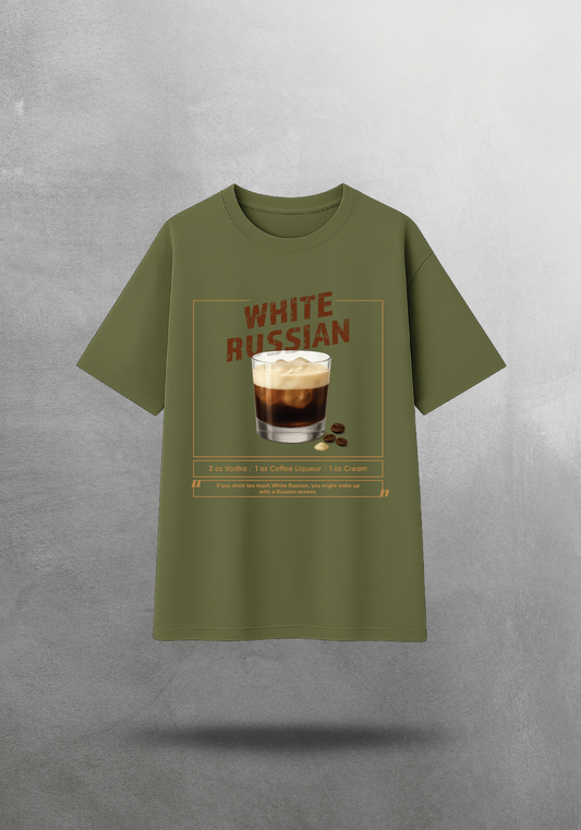 Kokteyl temalı unisex oversize tişört – White Russian Kokteyl, minimal, klasik kokteyl, gri, lacivert, haki