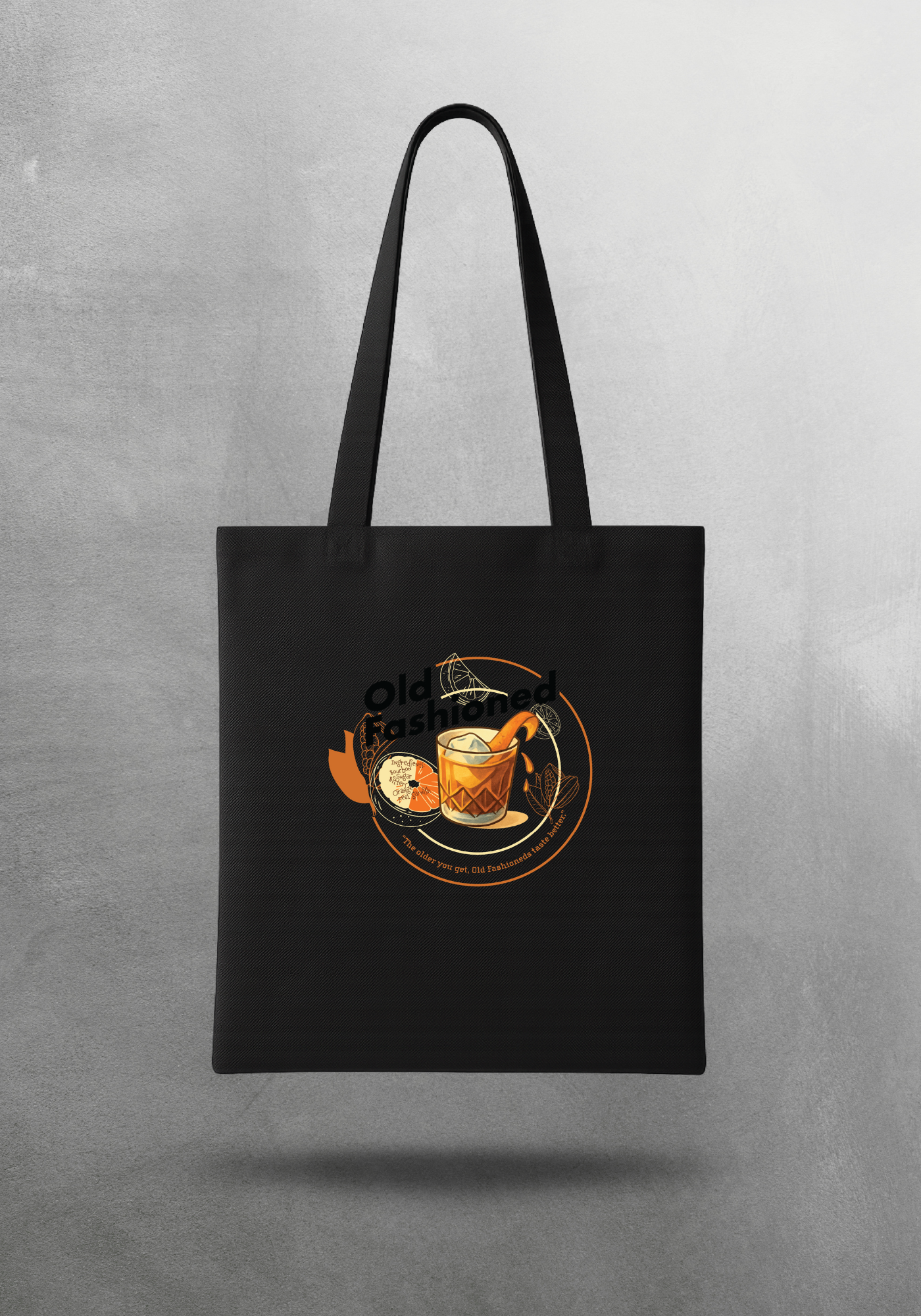 Kokteyl temalı unisex tote bag, çanta – Old Fashioned Kokteyl, minimal, klasik kokteyl, siyah, bej, ham,krem, antrasit, gri, anchor, indigo, yeşil, haki, lila, mor, eflatun, kanvas, gabardin