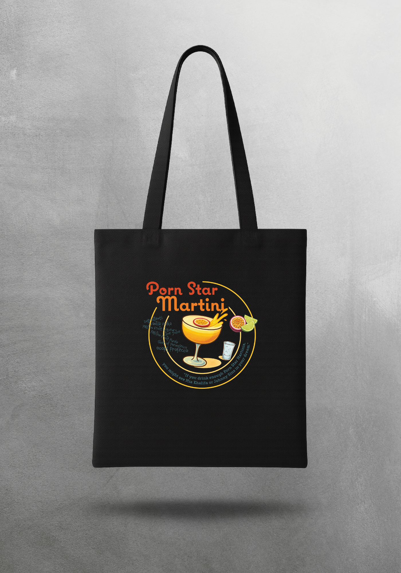 Kokteyl temalı unisex tote bag, çanta – Porn Star Martini Kokteyl, minimal, klasik kokteyl, siyah, bej, ham,krem, antrasit, gri, anchor, indigo, yeşil, haki, lila, mor, eflatun, kanvas, gabardin