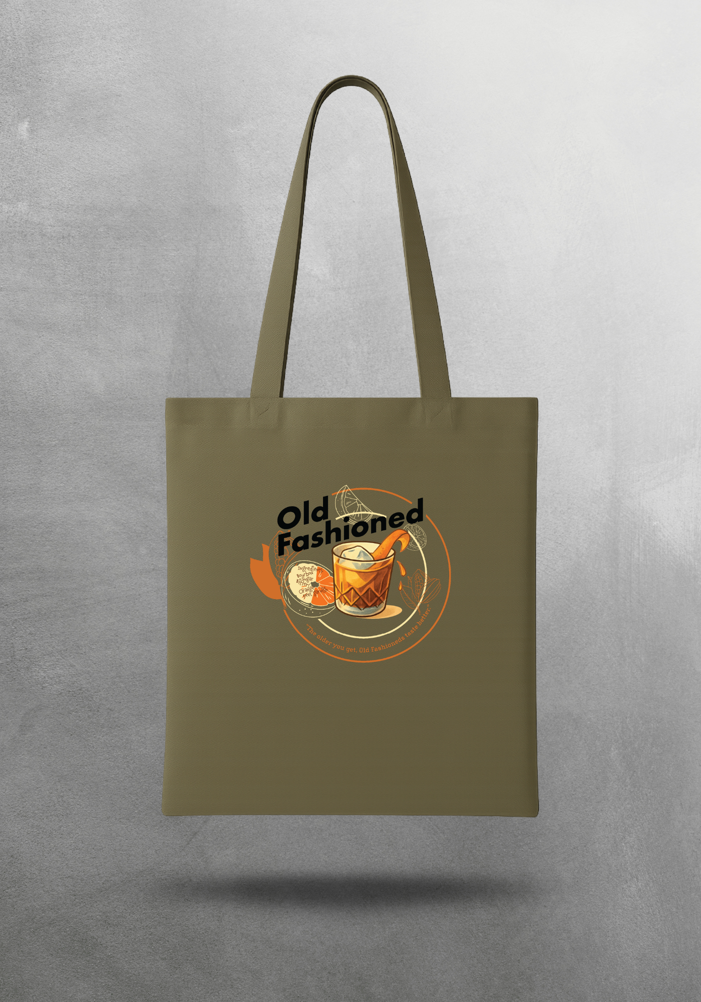 Kokteyl temalı unisex tote bag, çanta – Old Fashioned Kokteyl, minimal, klasik kokteyl, siyah, bej, ham,krem, antrasit, gri, anchor, indigo, yeşil, haki, lila, mor, eflatun, kanvas, gabardin