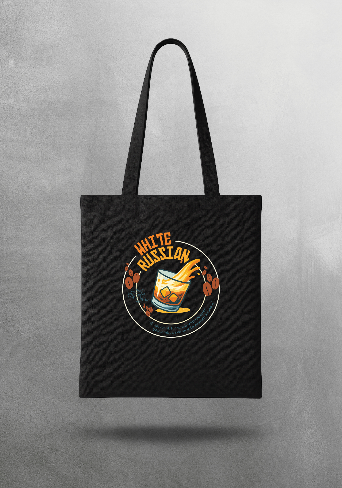 Kokteyl temalı unisex tote bag, çanta – White Russian Kokteyl, minimal, klasik kokteyl, siyah, bej, ham,krem, antrasit, gri, anchor, indigo, yeşil, haki, lila, mor, eflatun, kanvas, gabardin