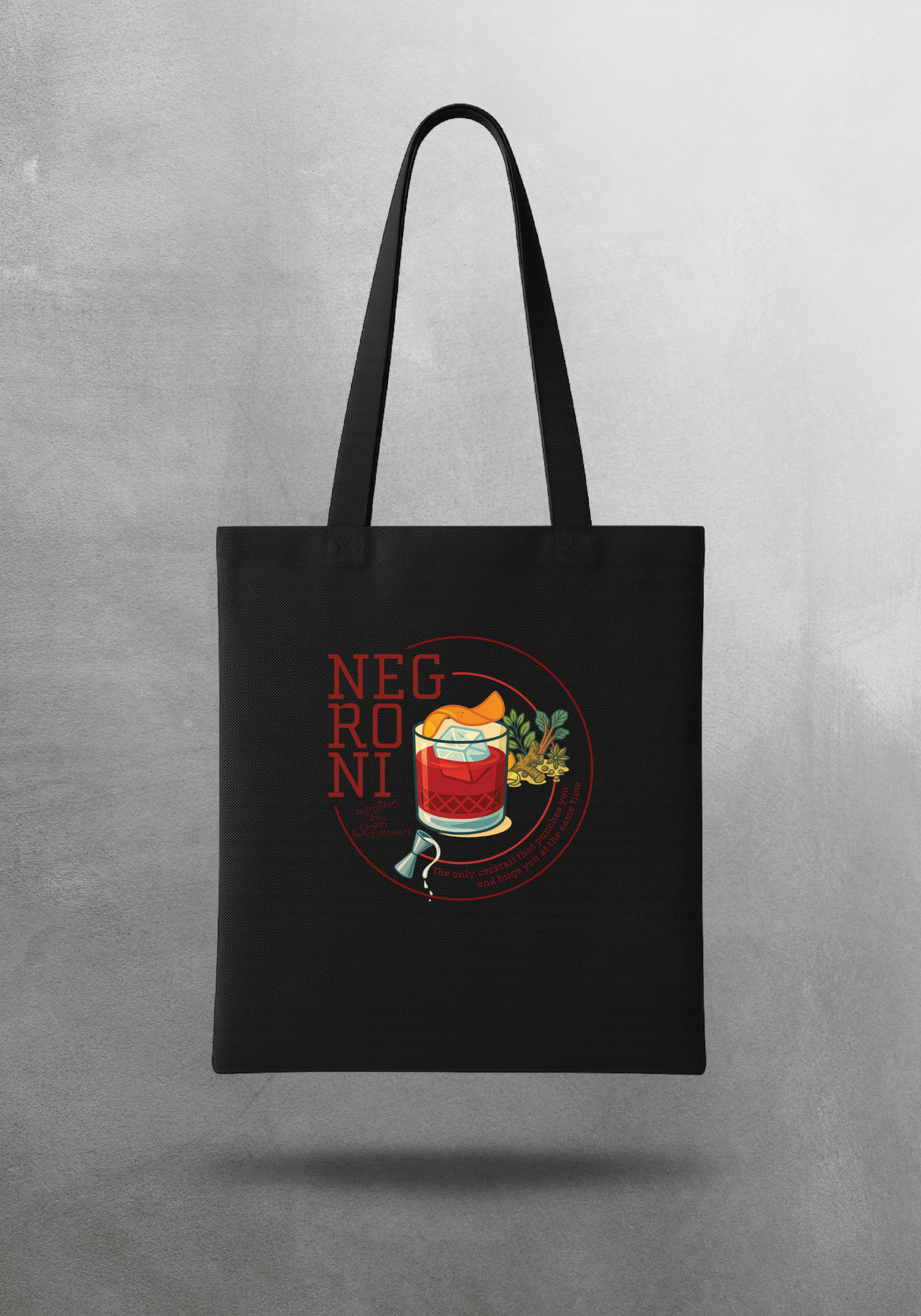 Kokteyl temalı unisex tote bag, çanta – Negroni Kokteyl, minimal, klasik kokteyl, siyah, bej, ham,krem, antrasit, gri, anchor, indigo, yeşil, haki, lila, mor, eflatun, kanvas, gabardin