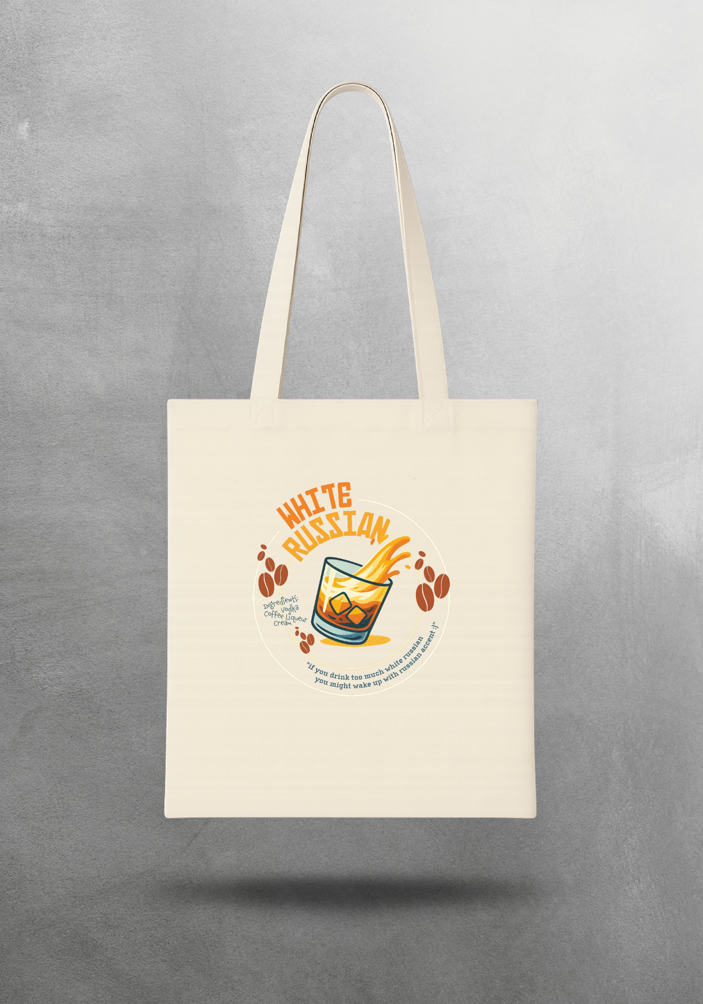 Kokteyl temalı unisex tote bag, çanta – White Russian Kokteyl, minimal, klasik kokteyl, siyah, bej, ham,krem, antrasit, gri, anchor, indigo, yeşil, haki, lila, mor, eflatun, kanvas, gabardin