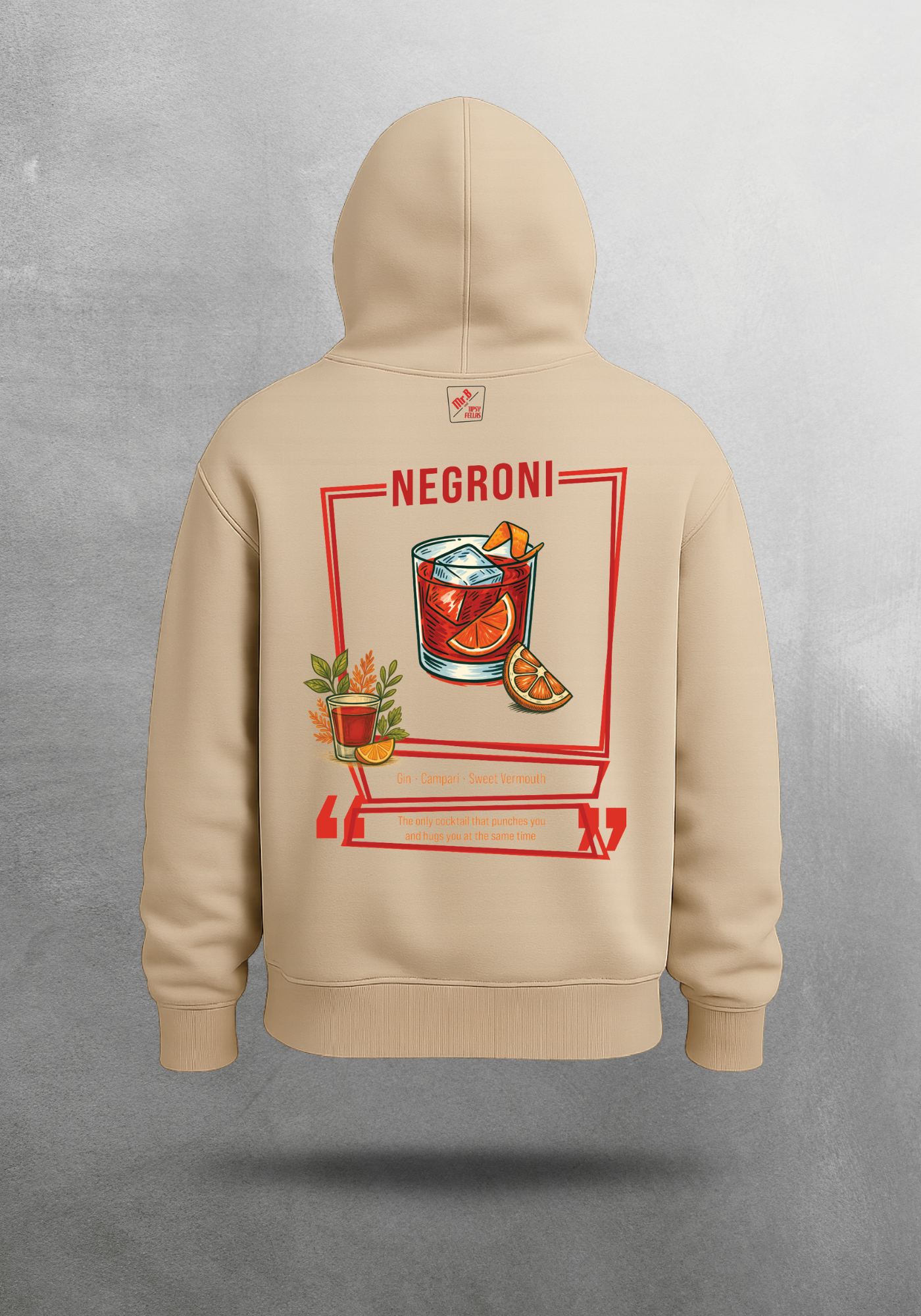 Kokteyl temalı unisex oversize hoodie - Negroni Kokteyl, minimal, klasik kokteyl, bej, siyah, relax, minimal