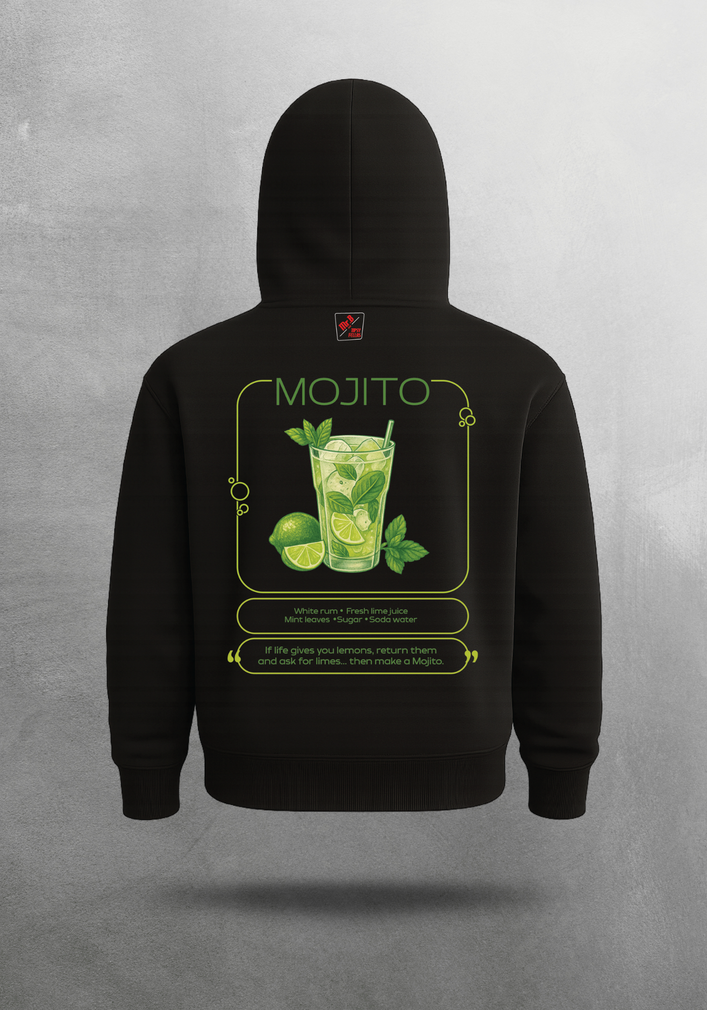 Kokteyl temalı unisex oversize hoodie – Mojito Kokteyl, minimal, klasik kokteyl, bej, siyah, relax, minimal