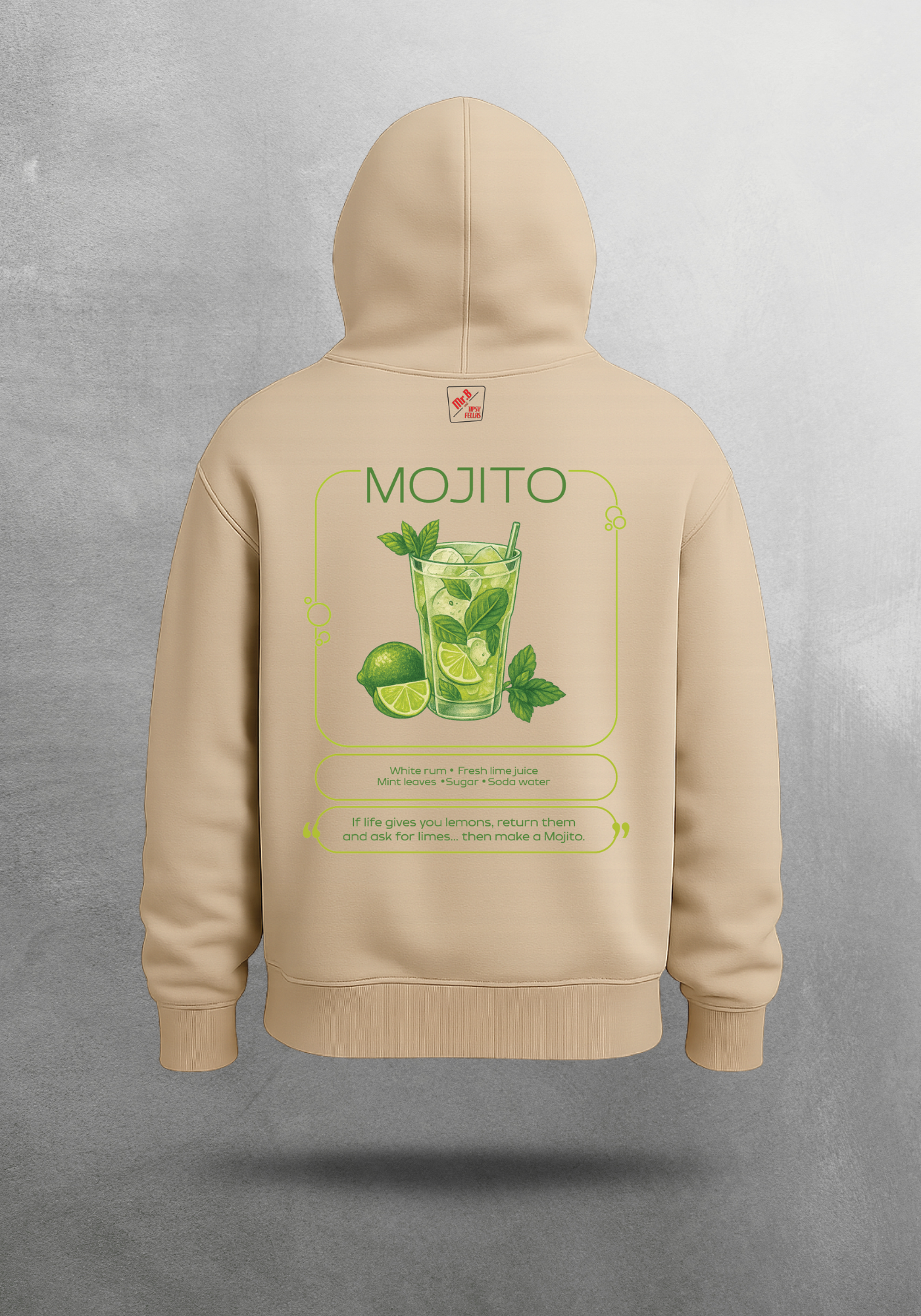 Kokteyl temalı unisex oversize hoodie – Mojito Kokteyl, minimal, klasik kokteyl, bej, siyah, relax, minimal