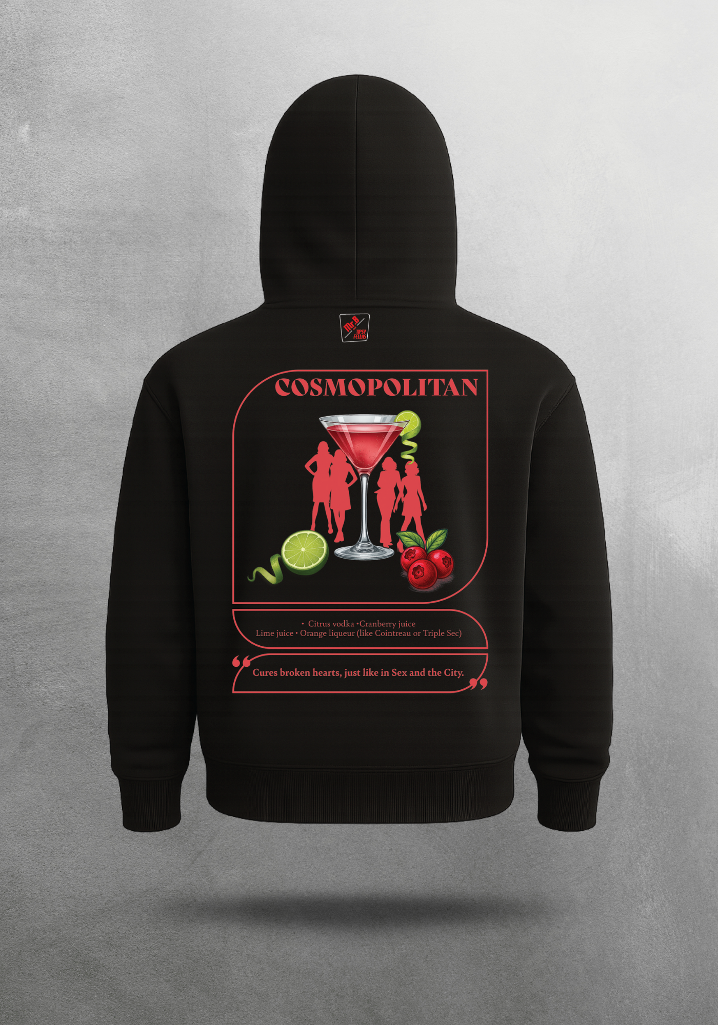 Kokteyl temalı unisex oversize hoodie – Cosmopolitan Kokteyl, minimal, klasik kokteyl, bej, siyah, relax, minimal