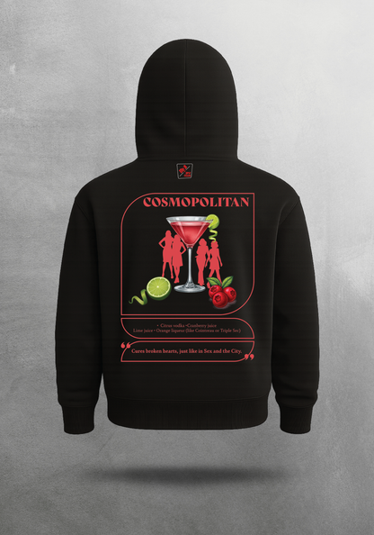 Kokteyl temalı unisex oversize hoodie – Cosmopolitan Kokteyl, minimal, klasik kokteyl, bej, siyah, relax, minimal