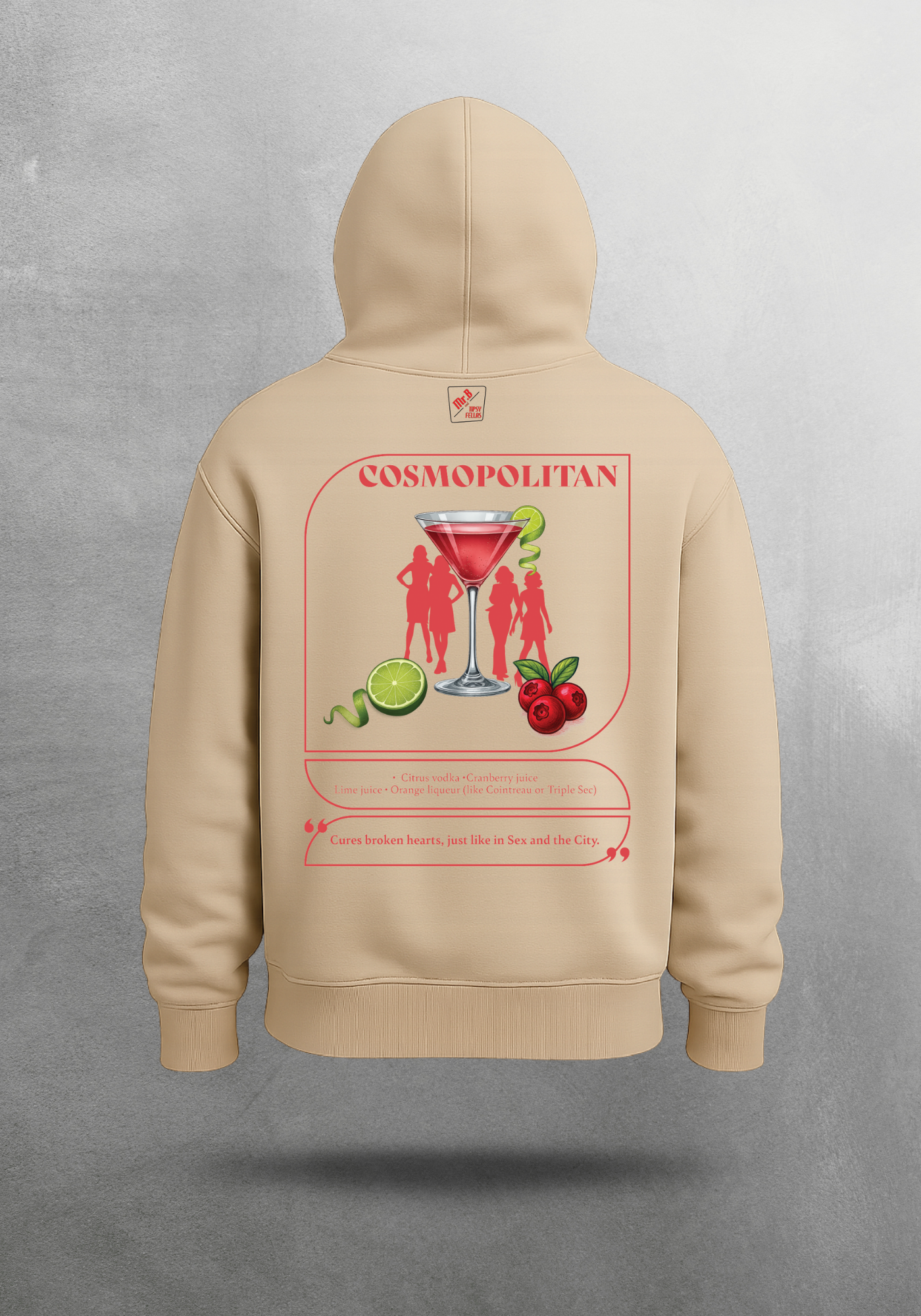 Kokteyl temalı unisex oversize hoodie – Cosmopolitan Kokteyl, minimal, klasik kokteyl, bej, siyah, relax, minimal