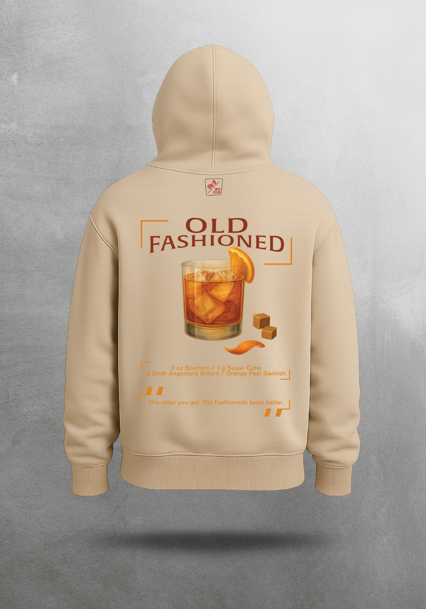 Kokteyl temalı unisex oversize hoodie – Old Fashioned Kokteyl, minimal, klasik kokteyl, bej, siyah, relax, minimal