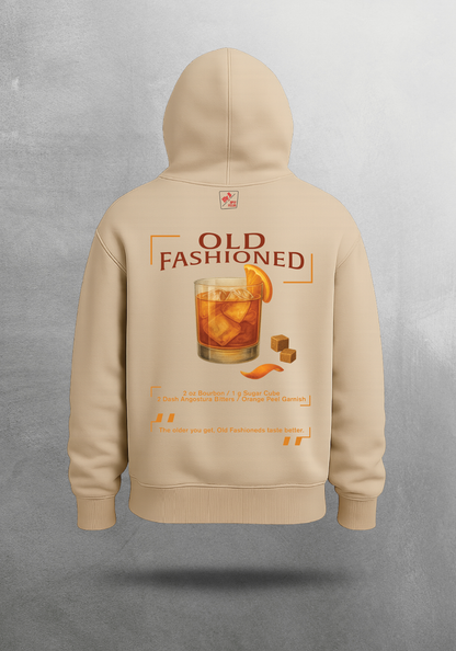 Kokteyl temalı unisex oversize hoodie – Old Fashioned Kokteyl, minimal, klasik kokteyl, bej, siyah, relax, minimal