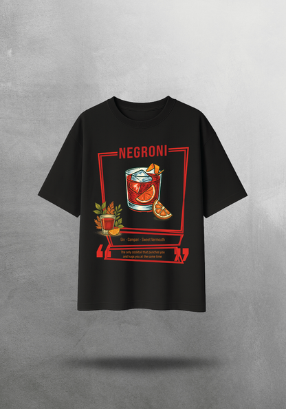 Kokteyl temalı unisex oversize tişört – Negroni Kokteyl, minimal, klasik kokteyl, siyah, bej, krem, açık gri, gri, yeşil, haki, bordo, relax
