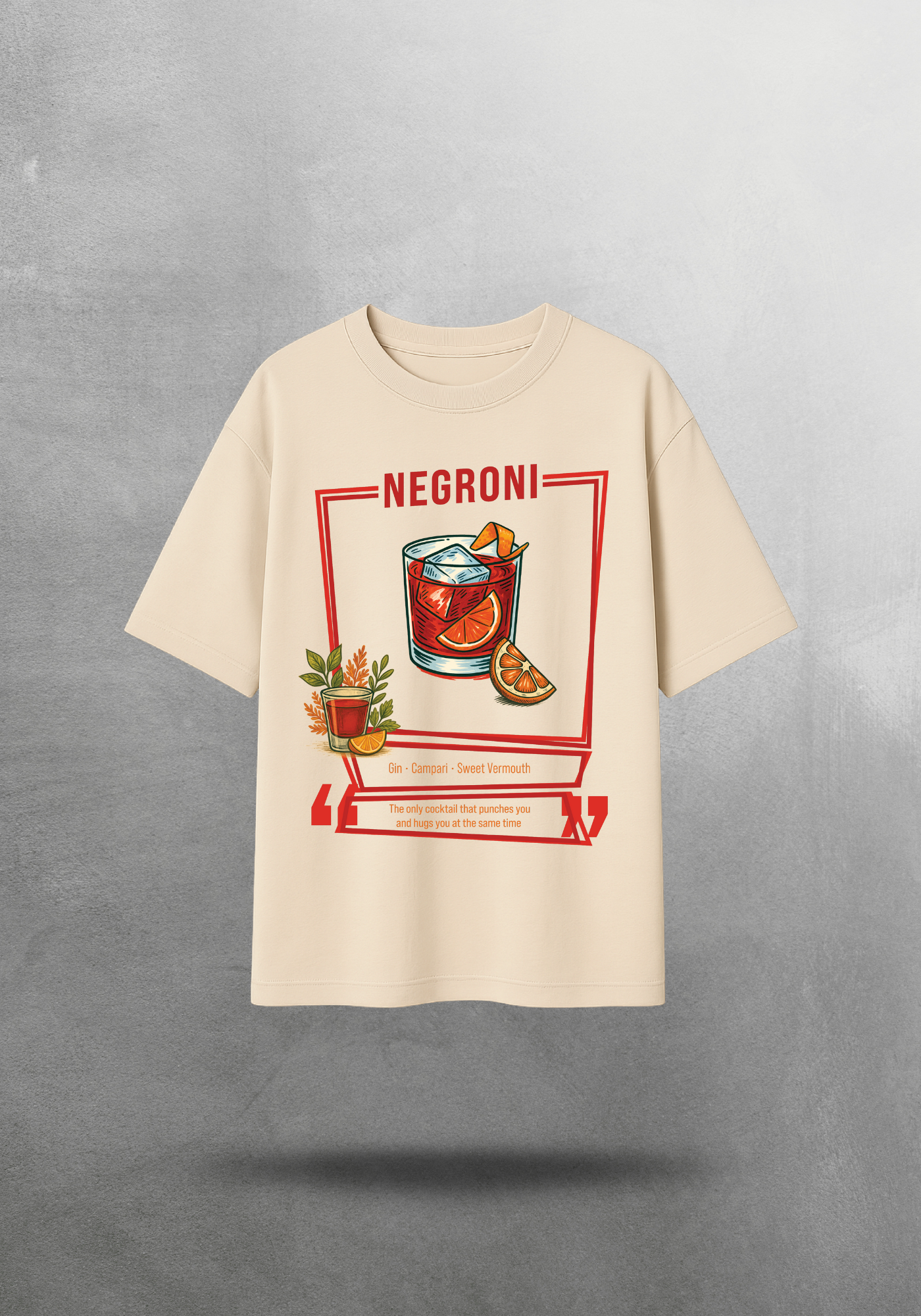 Kokteyl temalı unisex oversize tişört – Negroni Kokteyl, minimal, klasik kokteyl, siyah, bej, krem, açık gri, gri, yeşil, haki, bordo, relax
