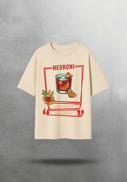 Kokteyl temalı unisex oversize tişört – Negroni Kokteyl, minimal, klasik kokteyl, siyah, bej, krem, açık gri, gri, yeşil, haki, bordo, relax
