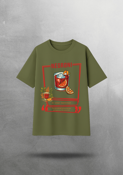 Kokteyl temalı unisex oversize tişört – Martini Kokteyl, minimal, klasik kokteyl, siyah, bej, krem, açık gri, gri, yeşil, haki, bordo, relax
