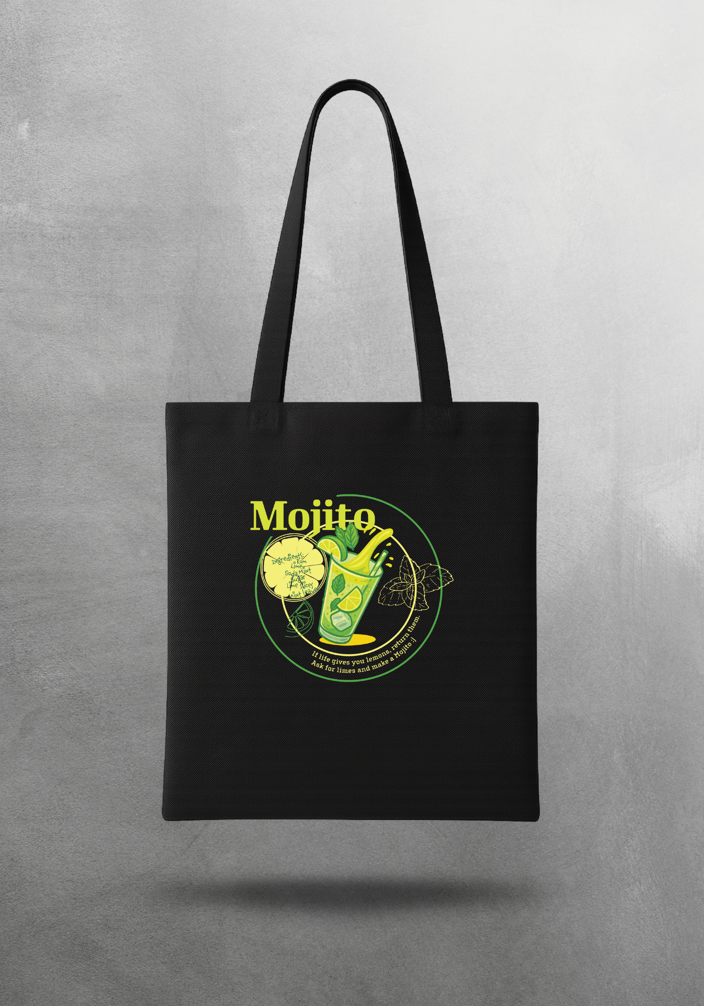 Kokteyl temalı unisex tote bag, çanta – Mojito Kokteyl, minimal, klasik kokteyl, siyah, bej, ham,krem, antrasit, gri, anchor, indigo, yeşil, haki, lila, mor, eflatun, kanvas, gabardin