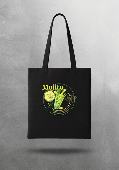 Kokteyl temalı unisex tote bag, çanta – Mojito Kokteyl, minimal, klasik kokteyl, siyah, bej, ham,krem, antrasit, gri, anchor, indigo, yeşil, haki, lila, mor, eflatun, kanvas, gabardin