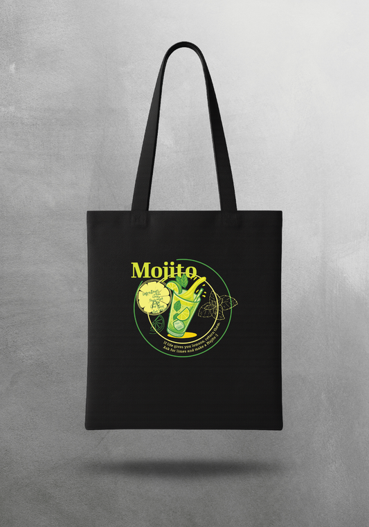 Kokteyl temalı unisex tote bag, çanta – Mojito Kokteyl, minimal, klasik kokteyl, siyah, bej, ham,krem, antrasit, gri, anchor, indigo, yeşil, haki, lila, mor, eflatun, kanvas, gabardin