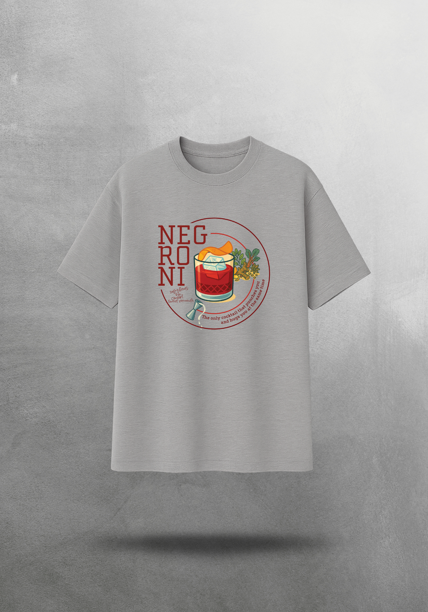 Kokteyl temalı unisex oversize tişört – Negroni Kokteyl, minimal, klasik kokteyl, siyah, bej, krem, açık gri, gri, yeşil, haki, bordo, relax