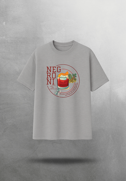 Kokteyl temalı unisex oversize tişört – Negroni Kokteyl, minimal, klasik kokteyl, siyah, bej, krem, açık gri, gri, yeşil, haki, bordo, relax