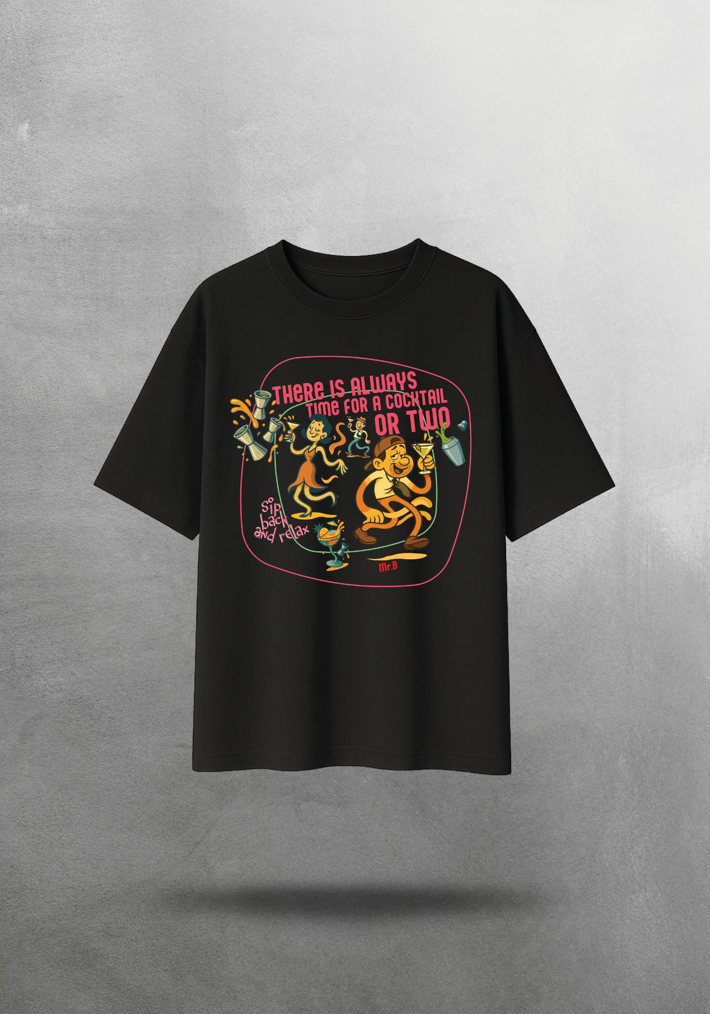 Kokteyl temalı unisex oversize tişört – Cocktail, Kokteyl, minimal, klasik kokteyl, siyah, bej, krem, relax