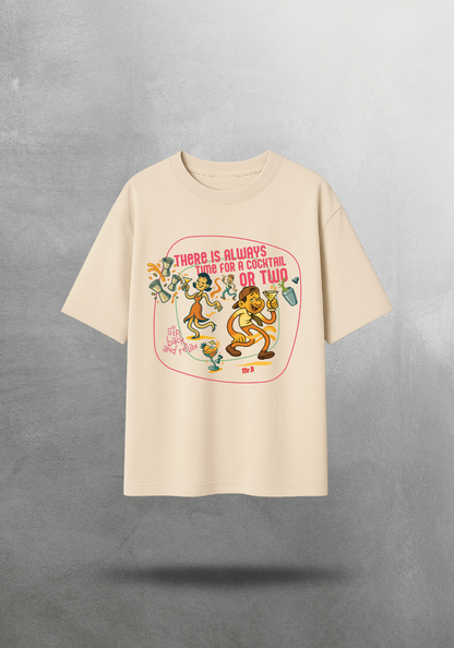 Kokteyl temalı unisex oversize tişört – Cocktail, Kokteyl, minimal, klasik kokteyl, siyah, bej, krem, relax
