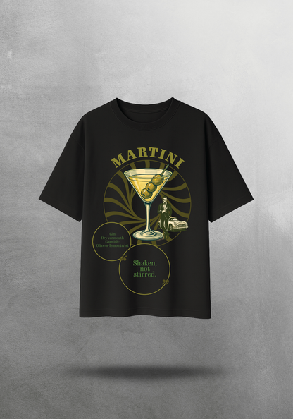 Kokteyl temalı unisex oversize tişört – Martini Kokteyl, minimal, klasik kokteyl, siyah, bej, krem, açık gri, gri, yeşil, haki, hardal, sarı, relax