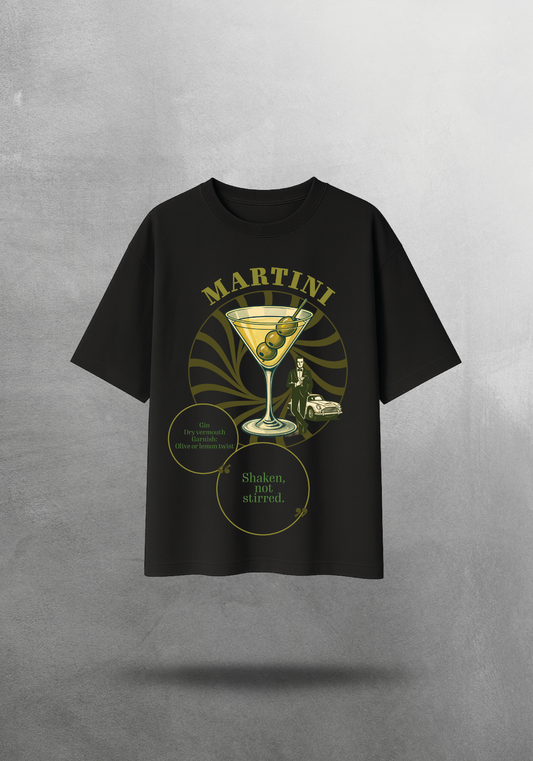 Kokteyl temalı unisex oversize tişört – Martini Kokteyl, minimal, klasik kokteyl, siyah, bej, krem, açık gri, gri, yeşil, haki, hardal, sarı, relax