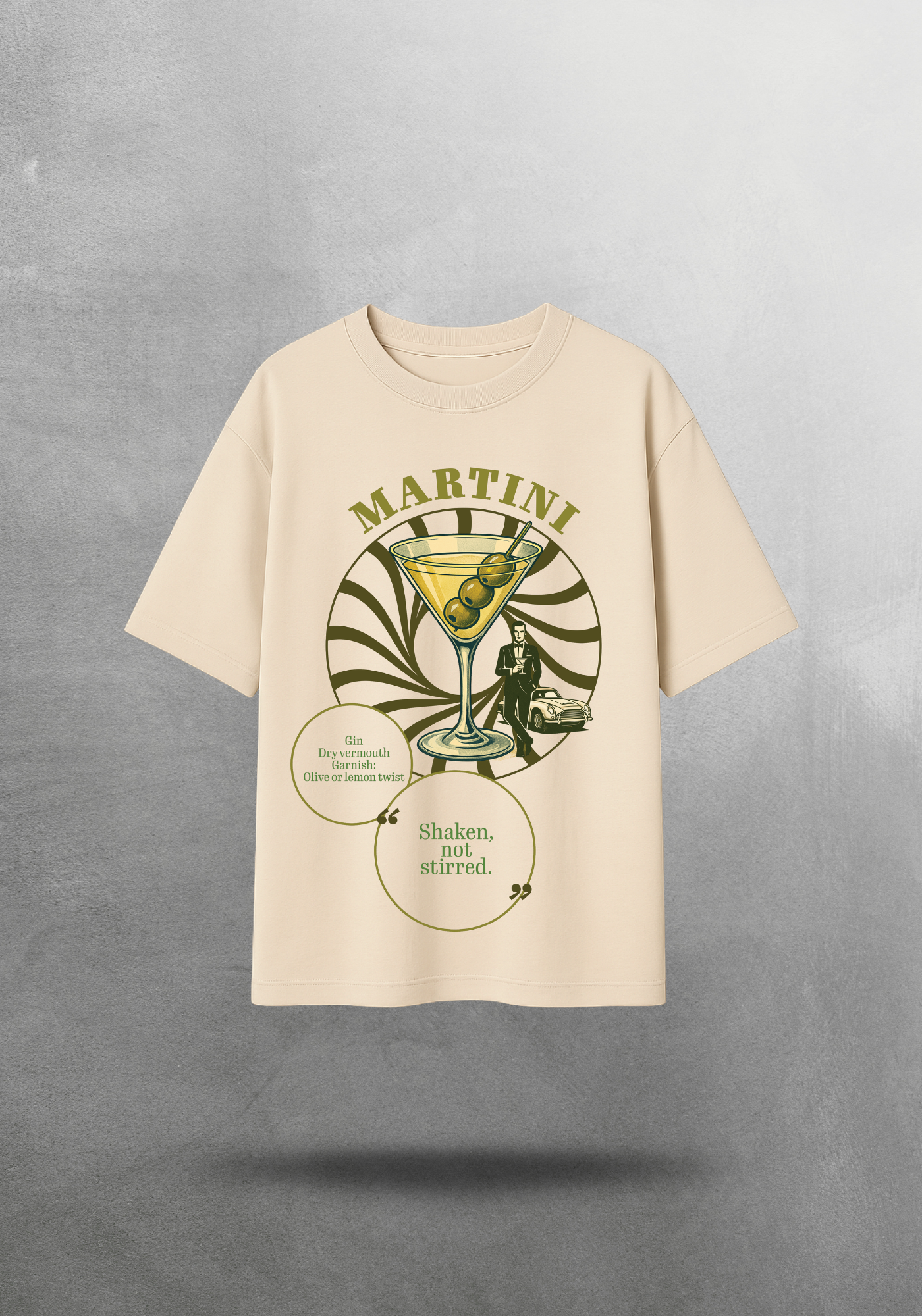 Kokteyl temalı unisex oversize tişört – Martini Kokteyl, minimal, klasik kokteyl, siyah, bej, krem, açık gri, gri, yeşil, haki, hardal, sarı, relax